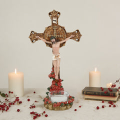 9 Inch Crucifix with Candle- Resin，Crucifix with Stand,Hanging Crucifix, ChristianGifts, Crucifixion,Crucifixion of Jesus