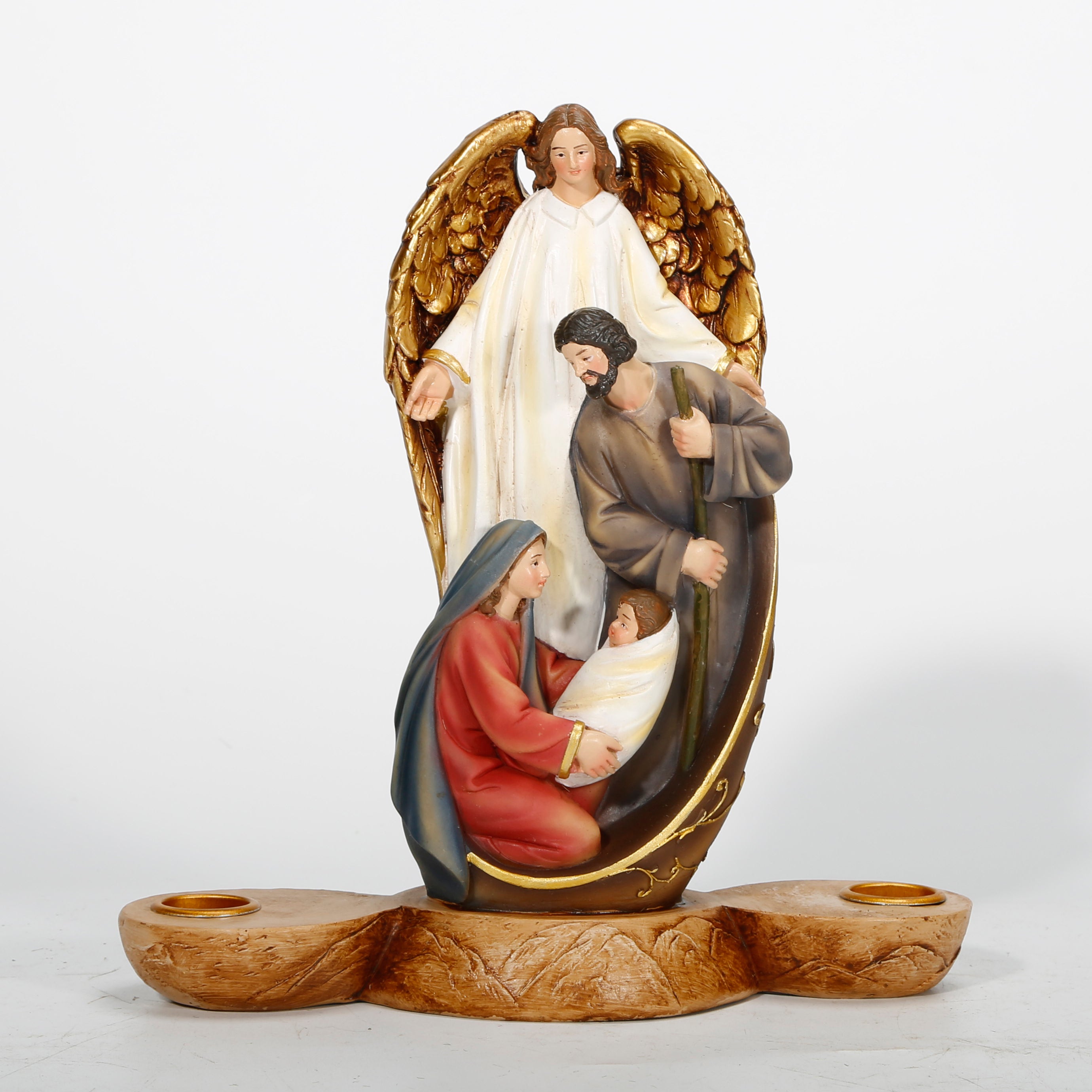 9"Angel and Holy Family Candlestick，Holy Family with Angel, Peace Holy Family Statue, Guardian Angel Nativity, Mary and Joseph, Resin Holy Family Candle Holder, Nativity Advent Decorations